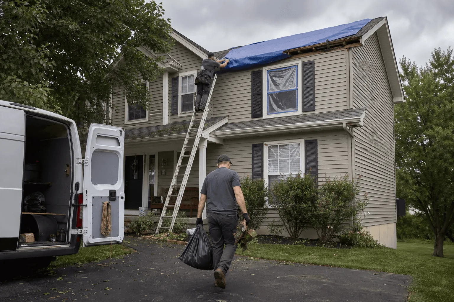 A restoration crew arriving at a house with temporary roof protection in place