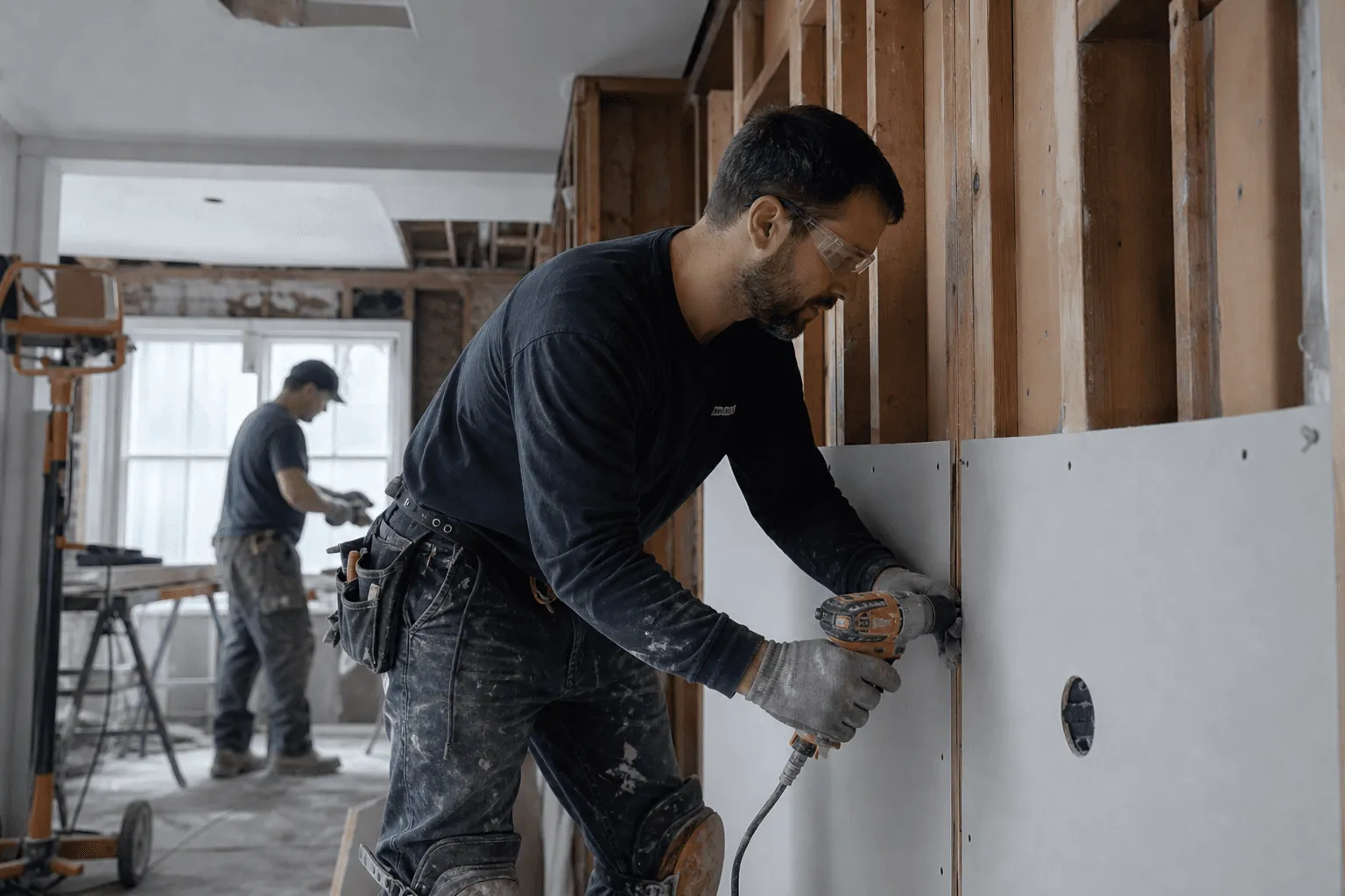 A carpenter installing drywall during an interior rebuild