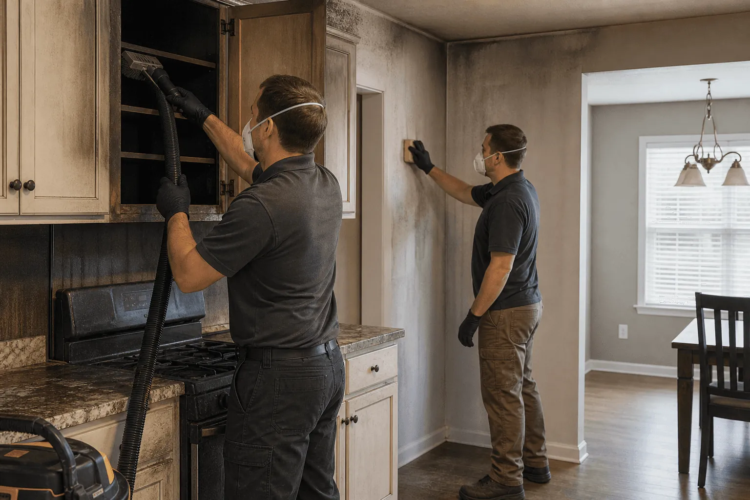Two technicians assessing smoke damage in a kitchen
