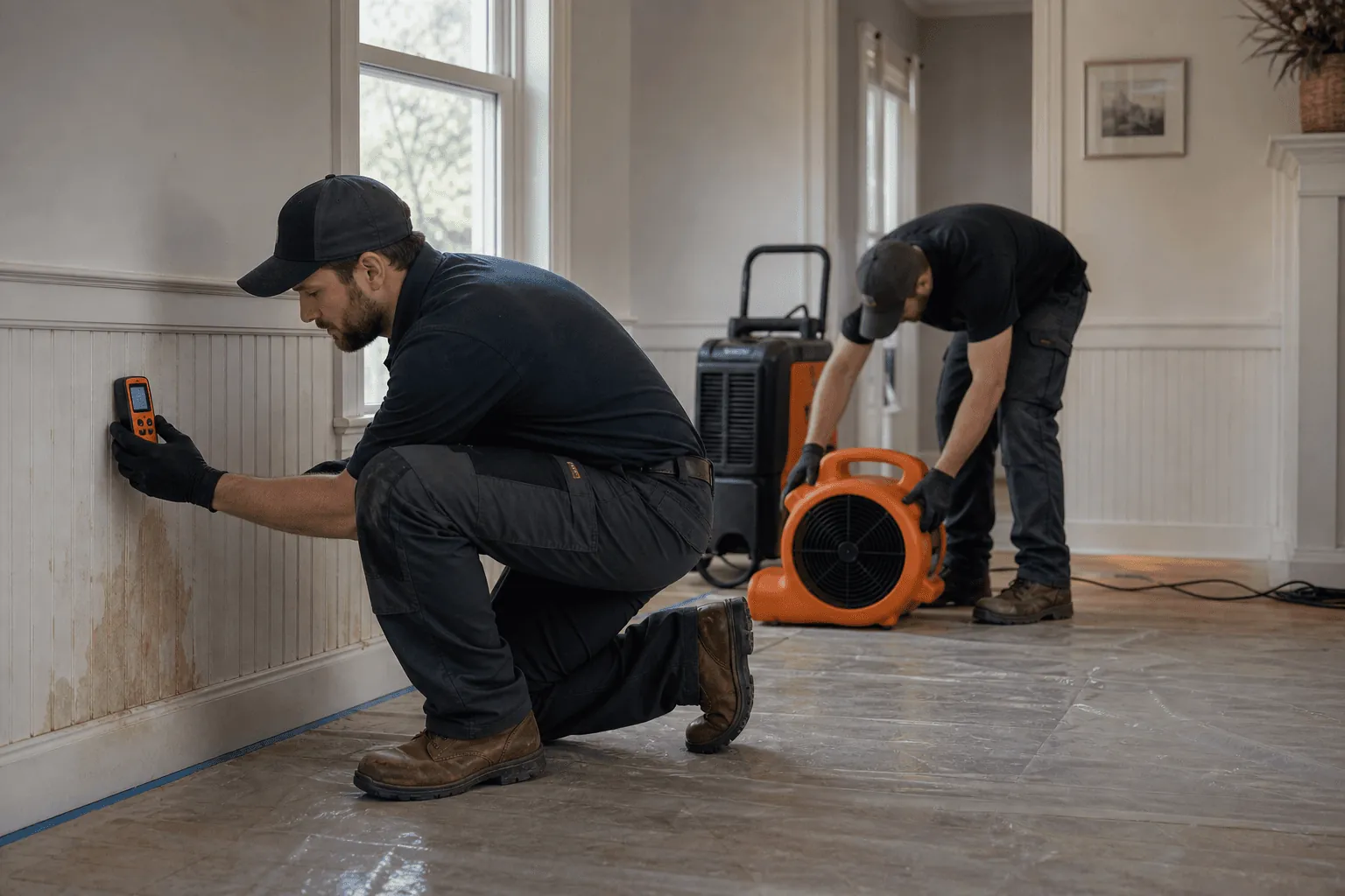 A technician checking moisture in a wall beside drying equipment