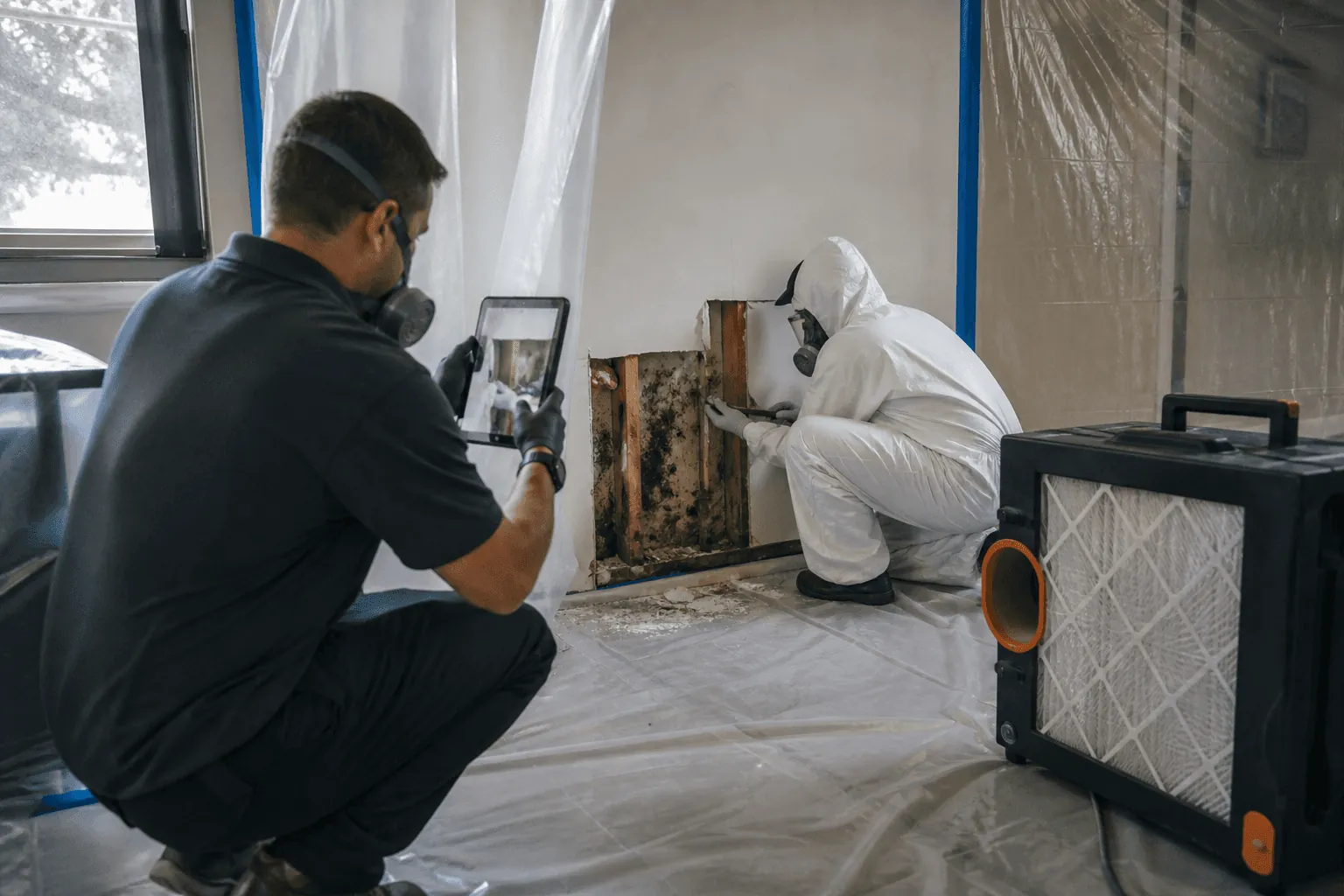 A technician recording readings on a tablet while a colleague in protective gear works behind containment