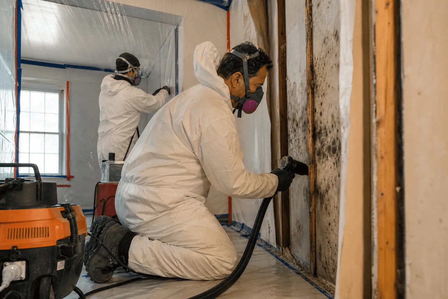 Protected workers treating exposed wall framing during remediation