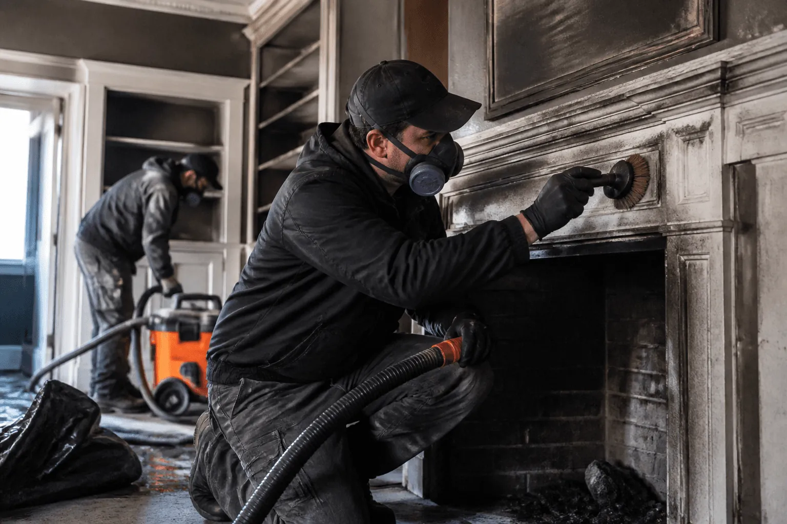 A technician in a respirator cleaning soot from a fireplace surround