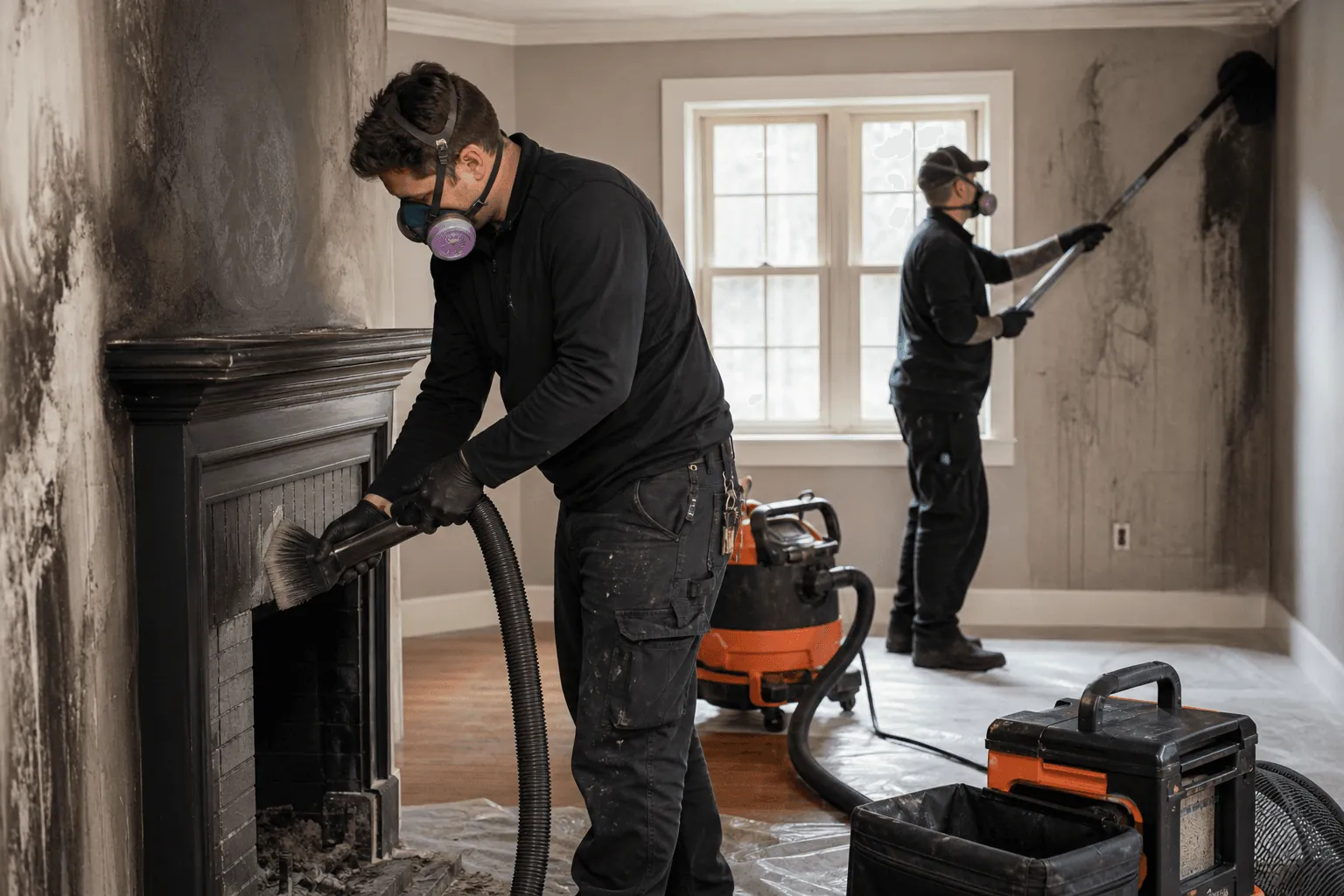 Two technicians in respirators cleaning soot from a fire-damaged room