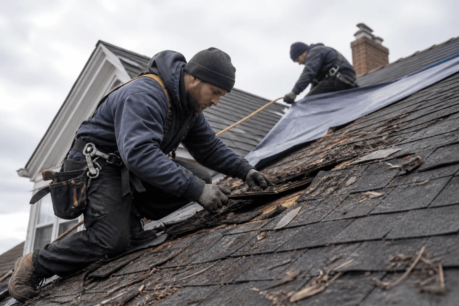 Two technicians repairing storm-damaged shingles on a roof