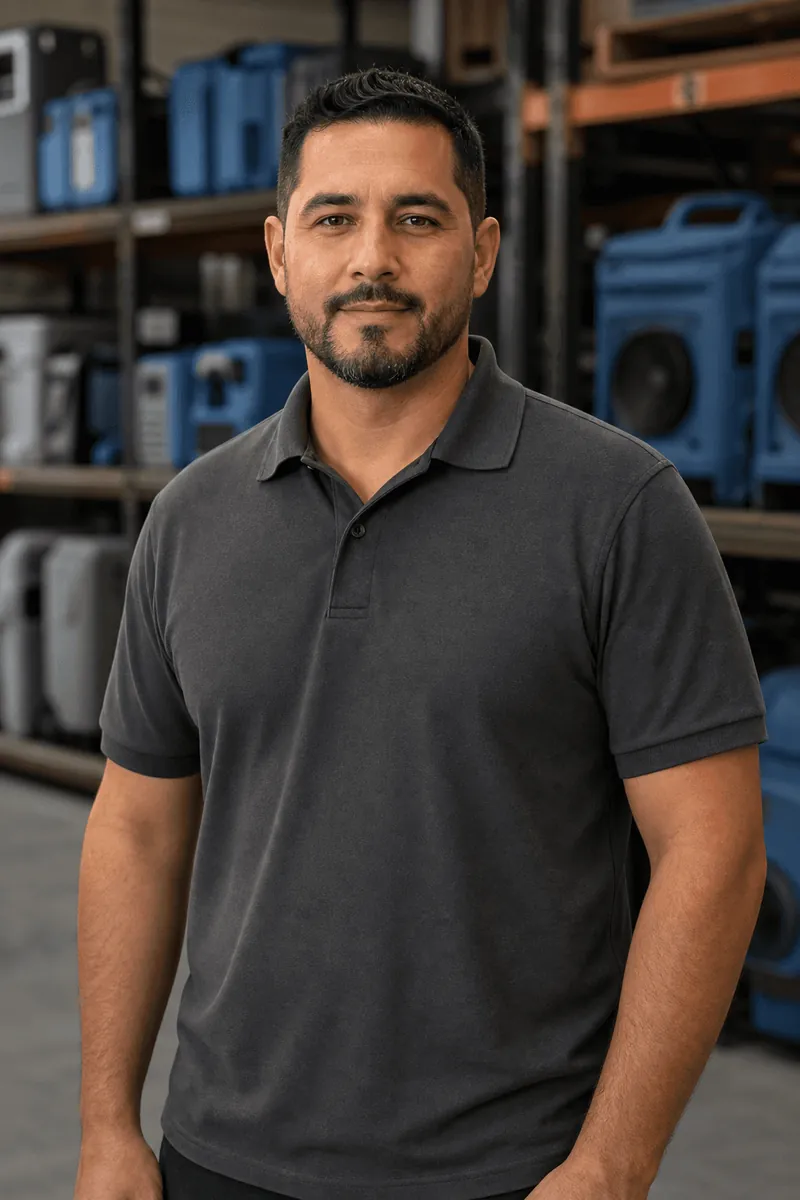 Carlos Reyes in the equipment warehouse