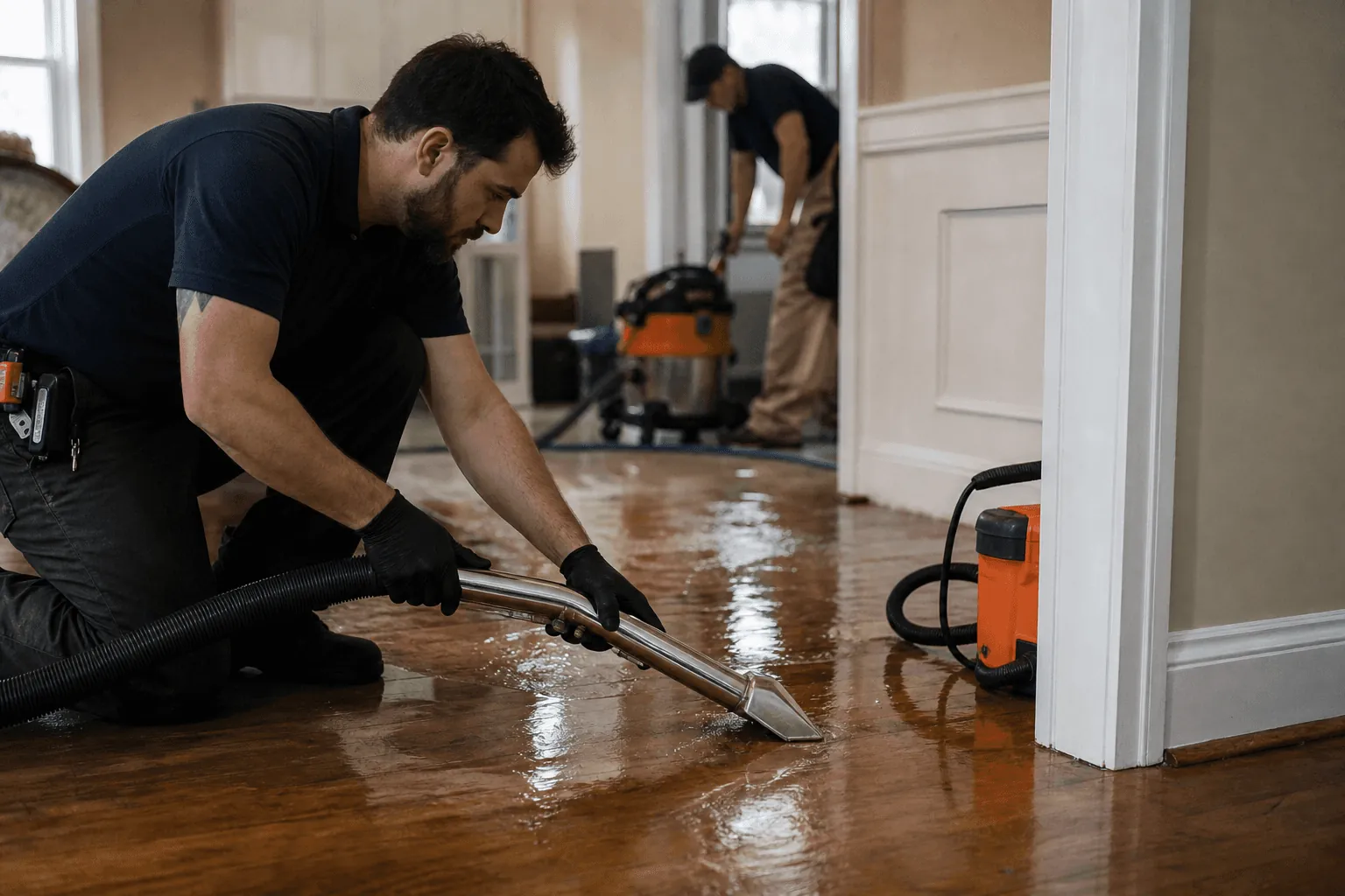 A technician extracting standing water from a hardwood floor