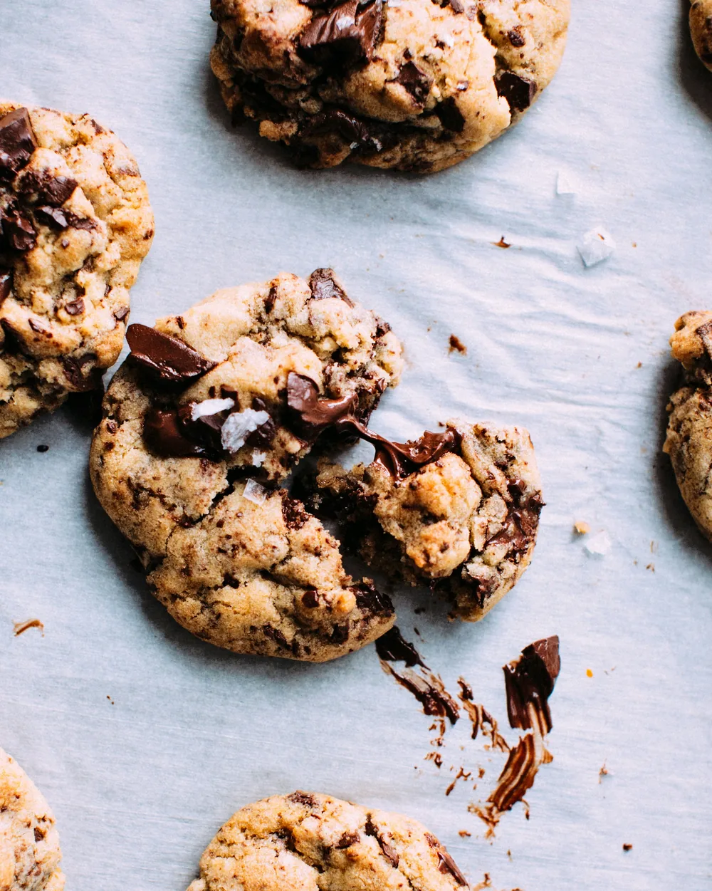 Chocolate chip cookies on baking paper