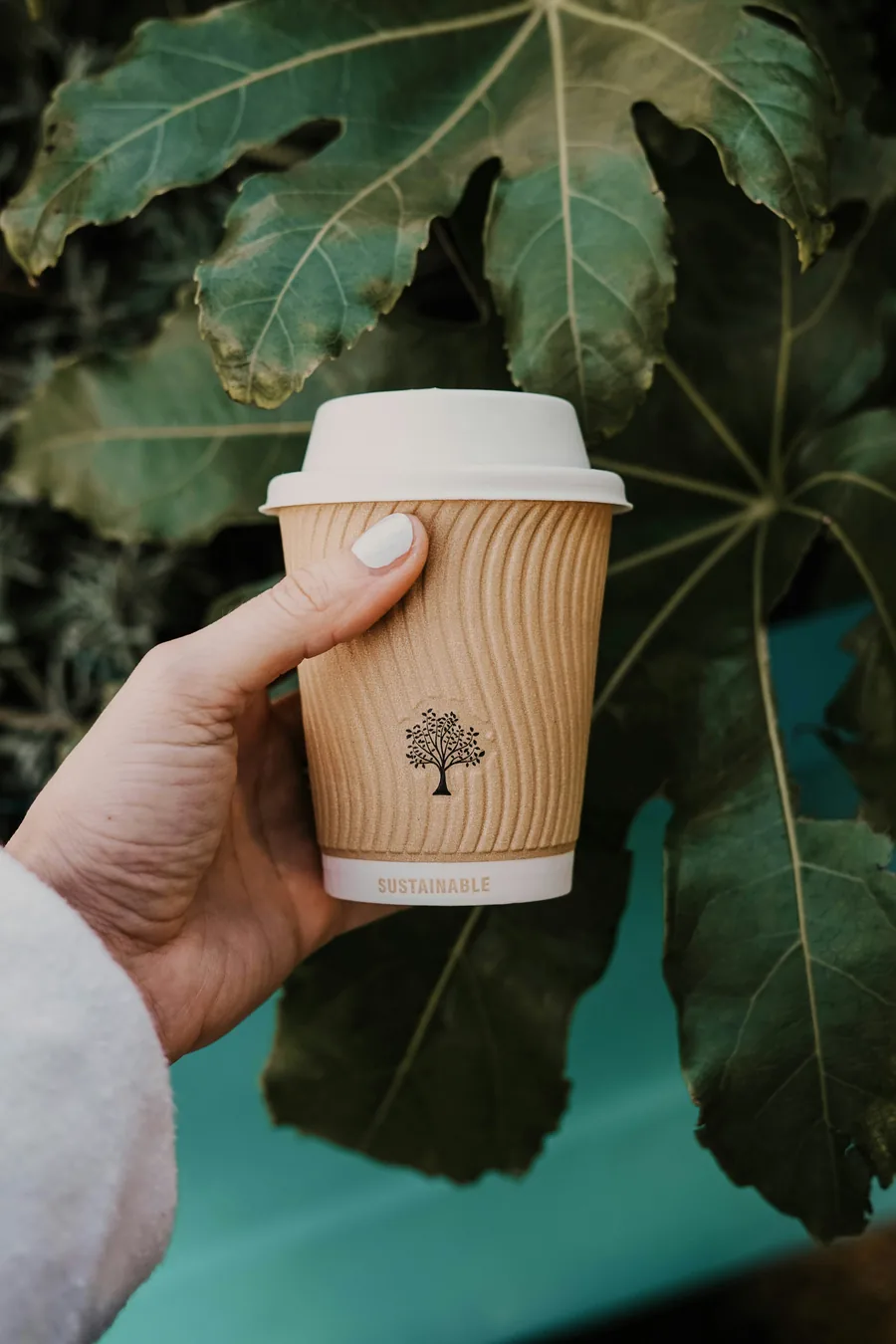 A hand holding a recyclable takeaway cup among green leaves