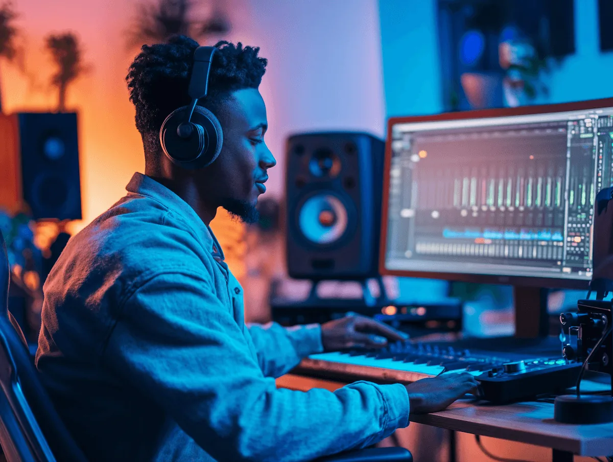 A video editor in headphones at a desk of monitors
