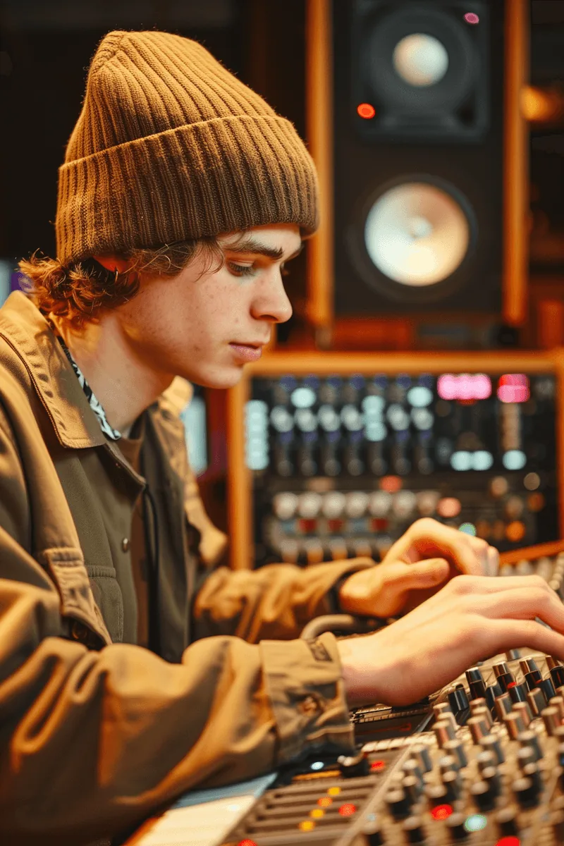An editor in a beanie at a studio console
