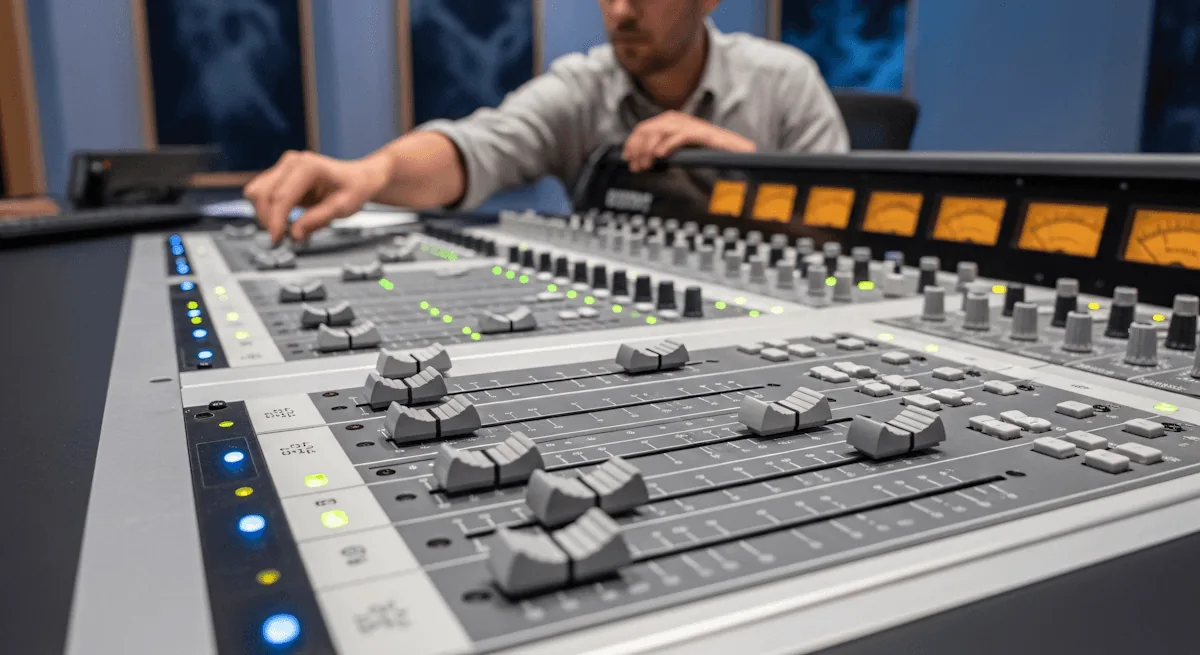 Hands on the faders of a sound mixing desk