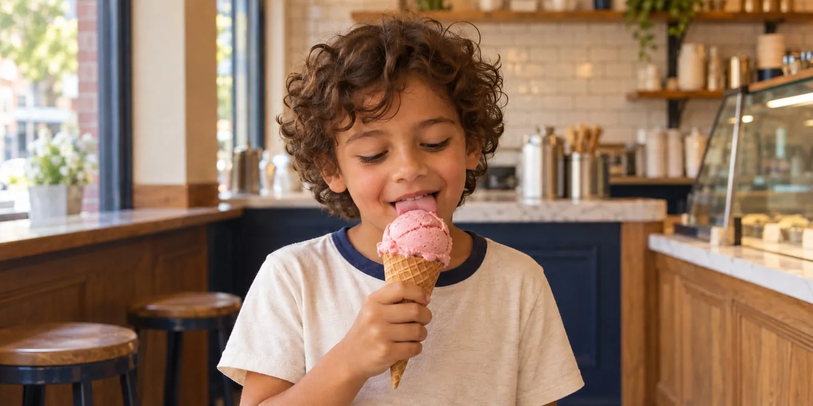 A child happily licking a strawberry ice cream cone inside the neighborhood parlor.