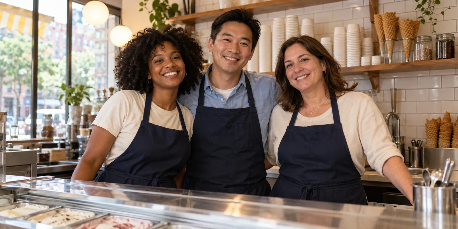 Three smiling team members in navy aprons behind the ice cream counter.