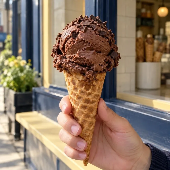 A chocolate ice cream cone held up outside the parlor.