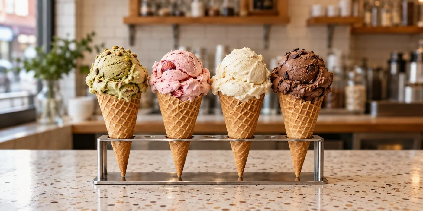 Pistachio, strawberry, vanilla, and chocolate cones lined up on the shop counter.
