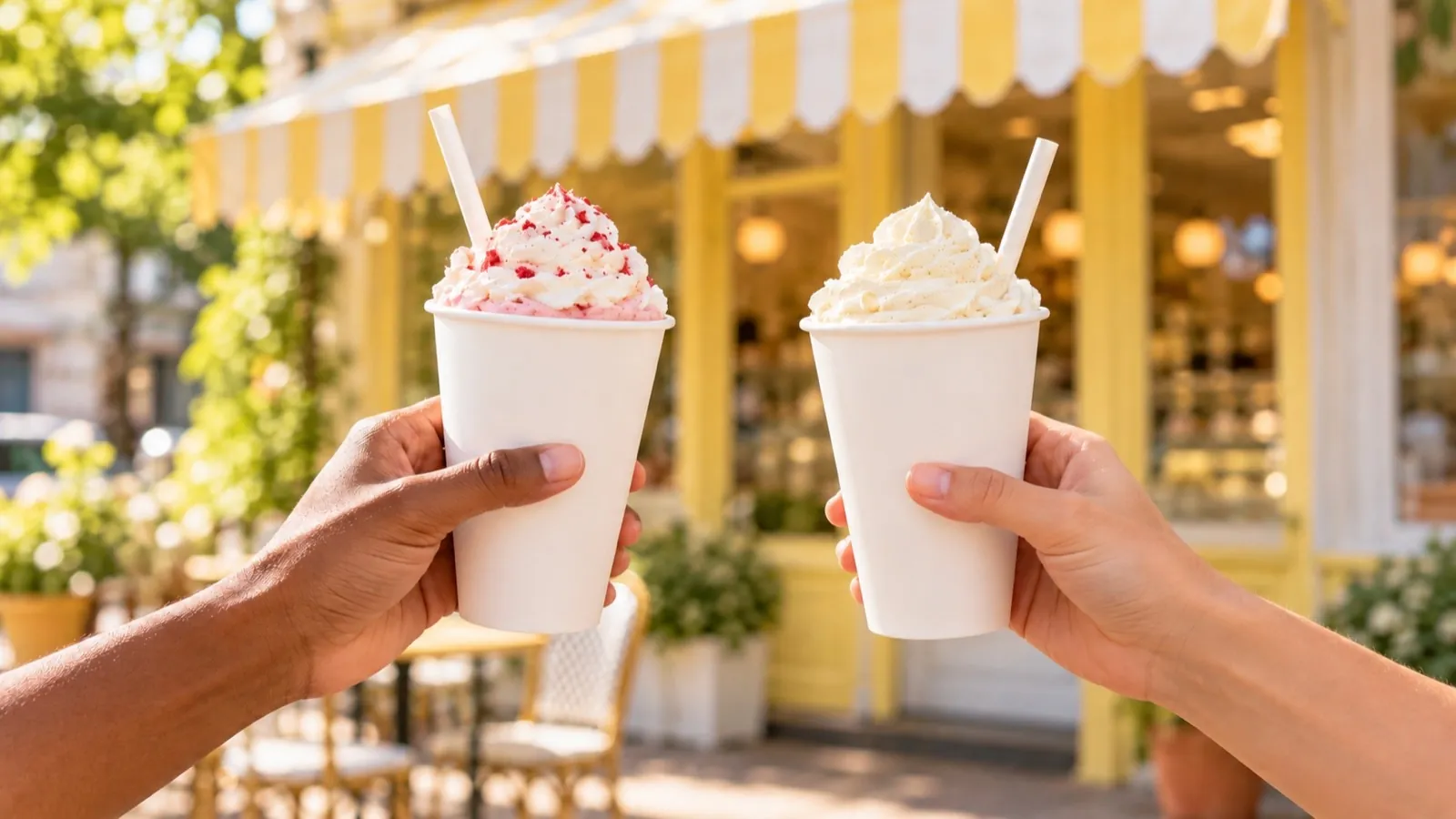Two hands cheersing milkshakes in plain white cups outside the sunny neighborhood parlor.