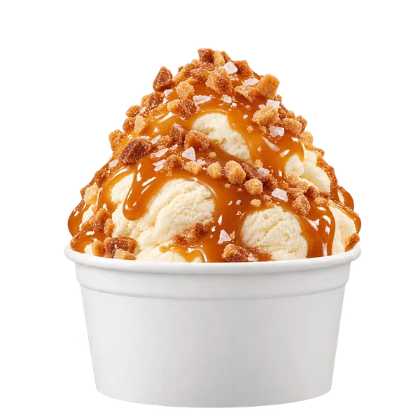 Salted caramel crunch in a plain white cup