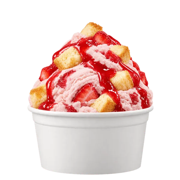 Strawberry shortcake in a plain white cup