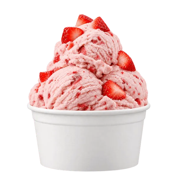 Strawberry dairy-free ice cream in a plain white cup