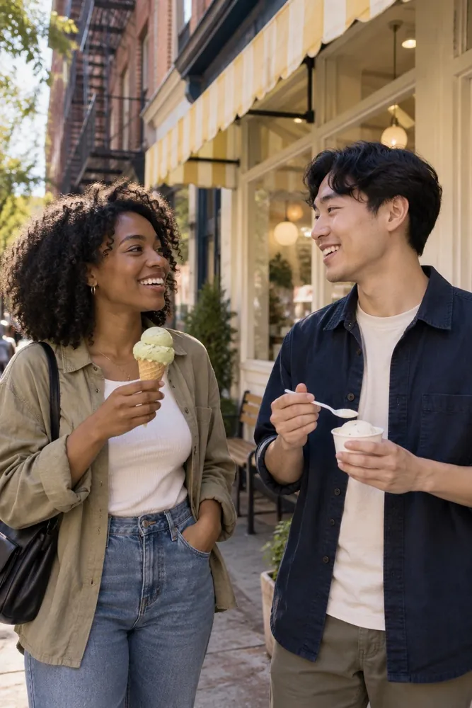 Two friends laughing with a cone and a cup outside the parlor.