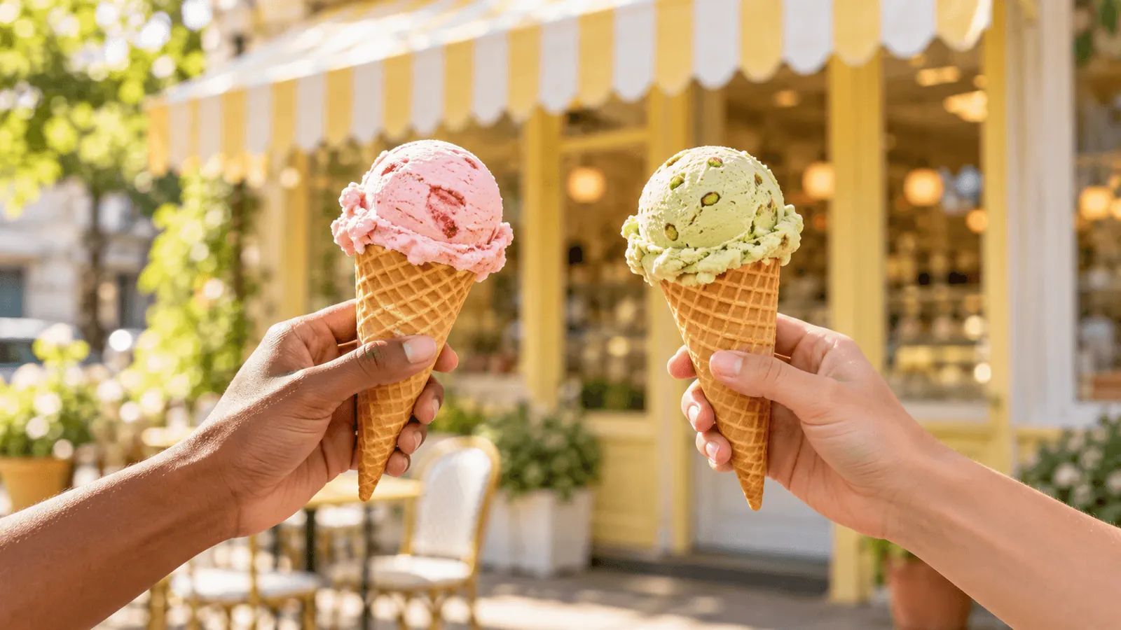 Two hands holding strawberry and pistachio ice cream cones in front of a yellow-awninged ice cream parlor.