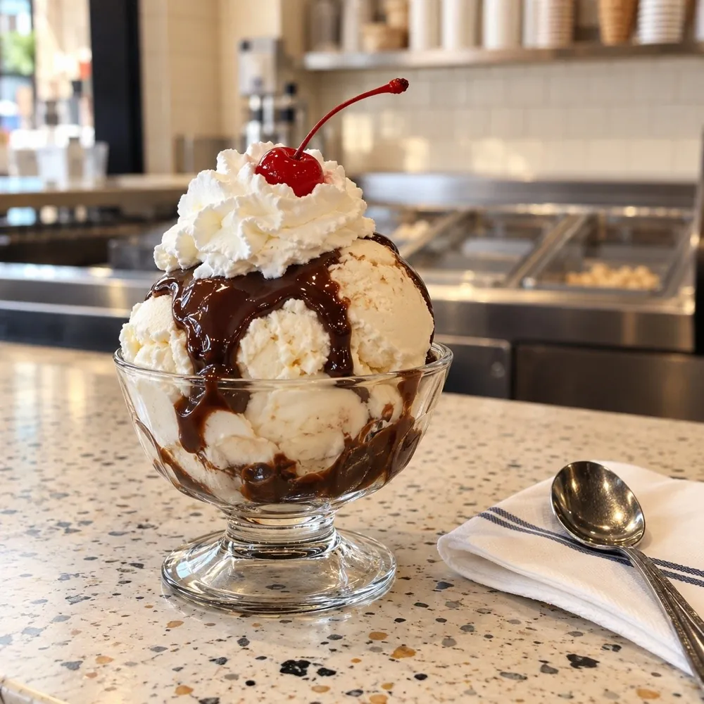 A hot fudge sundae with whipped cream and a cherry on the parlor counter.