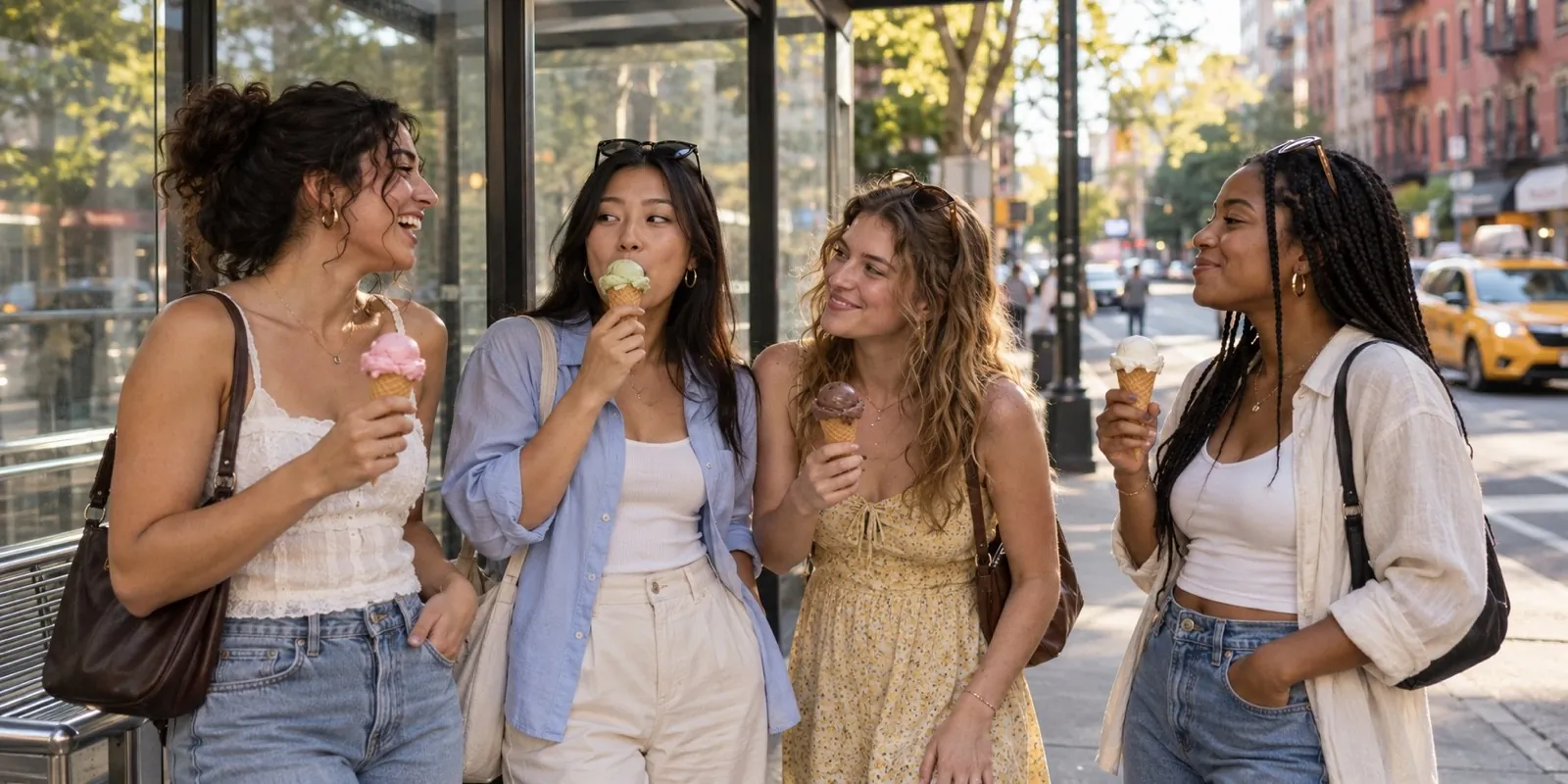 Four friends enjoying ice cream cones and smiling together at a sunny New York City bus stop.