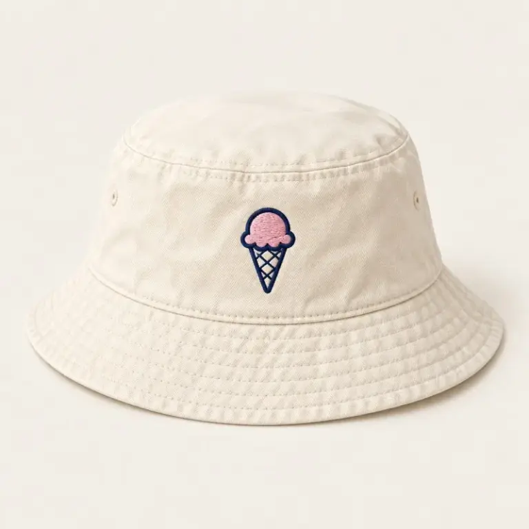 Cream bucket hat with an embroidered pink ice cream cone on a warm off-white background.