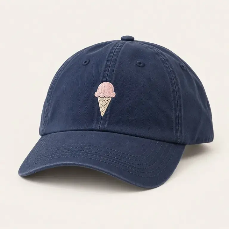 Washed navy baseball cap with an embroidered ice cream cone on a warm off-white background.