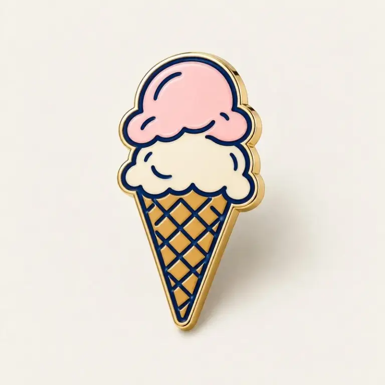 Pink and ivory ice cream cone enamel pin on a warm off-white background.