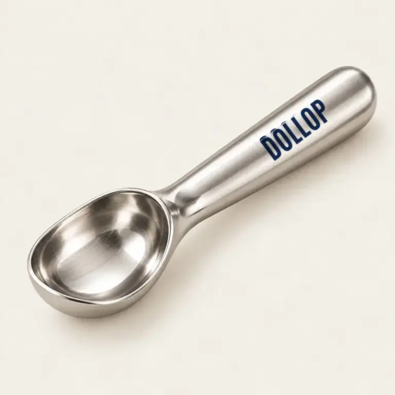 Stainless steel ice cream scoop with Dollop on its handle, on a warm off-white background.