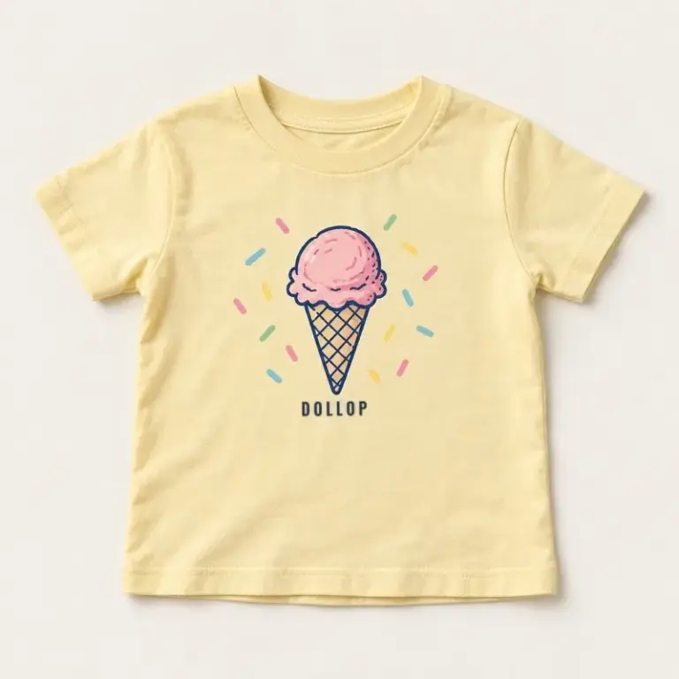 Pale yellow kids’ T-shirt with an ice cream cone and sprinkle design on a warm off-white background.
