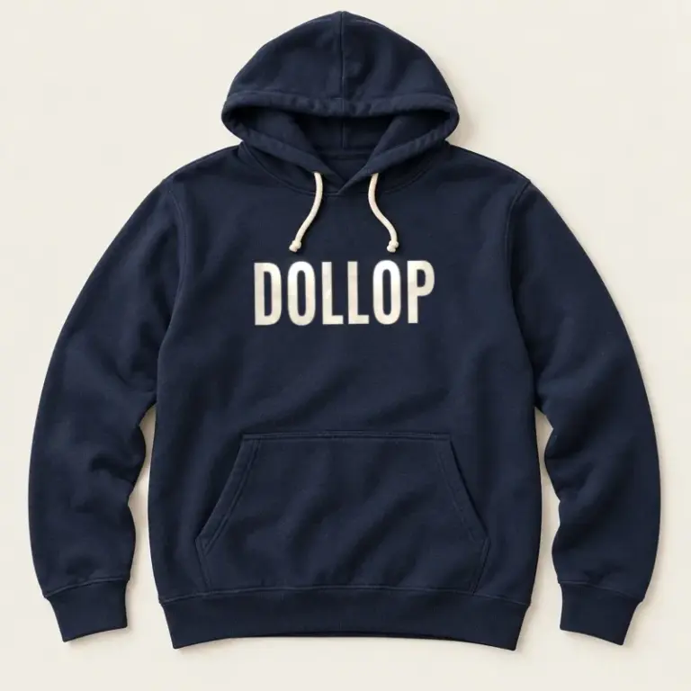 Navy pullover hoodie with a cream Dollop logo on a warm off-white background.