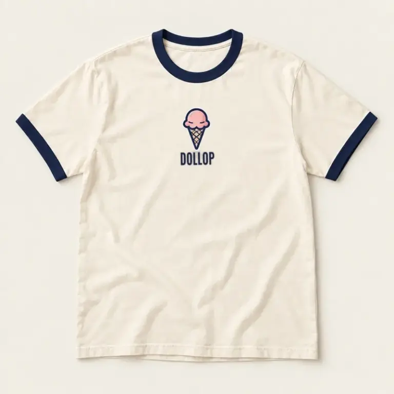 Ivory ringer T-shirt with navy trim and an ice cream cone design on a warm off-white background.
