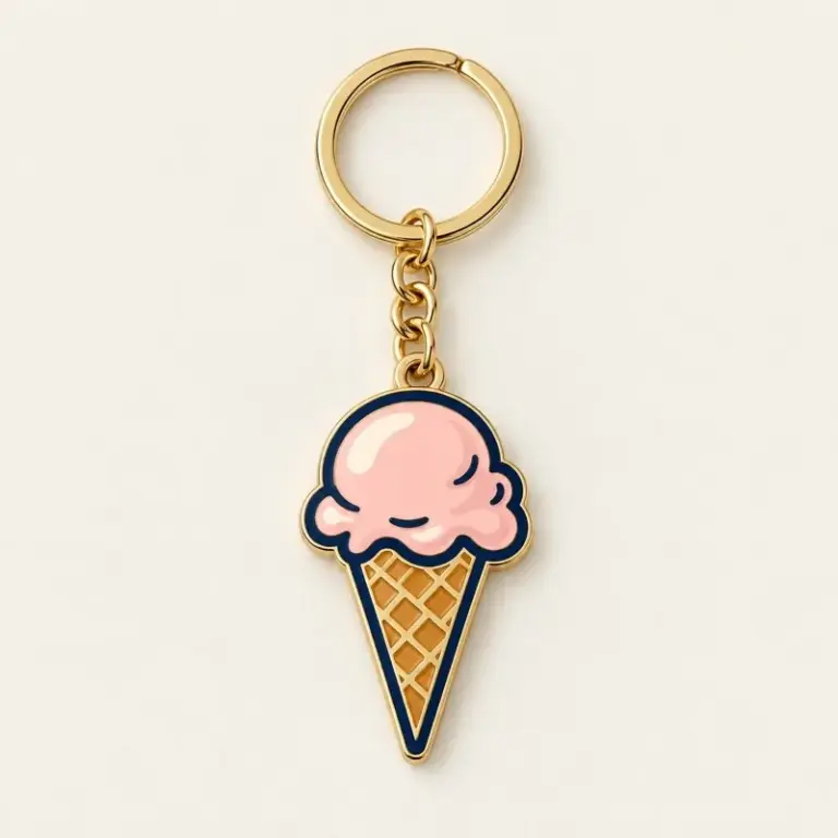 Pink ice cream cone keychain with a gold ring on a warm off-white background.