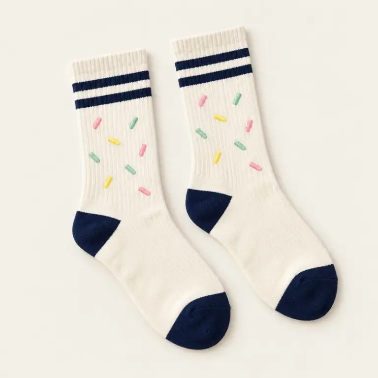 Pair of cream crew socks with navy trim and pastel sprinkles on a warm off-white background.