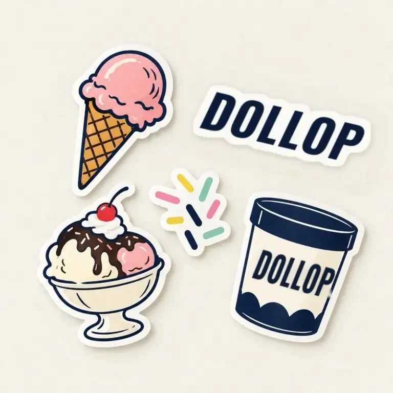 Ice cream themed die-cut stickers on a warm off-white background.