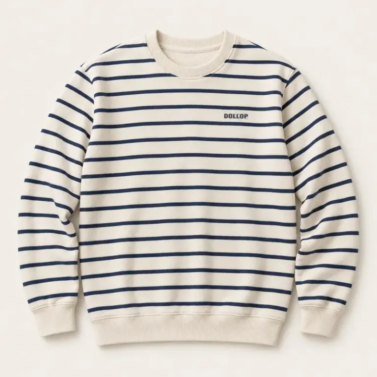 Cream and navy striped crewneck sweatshirt on a warm off-white background.