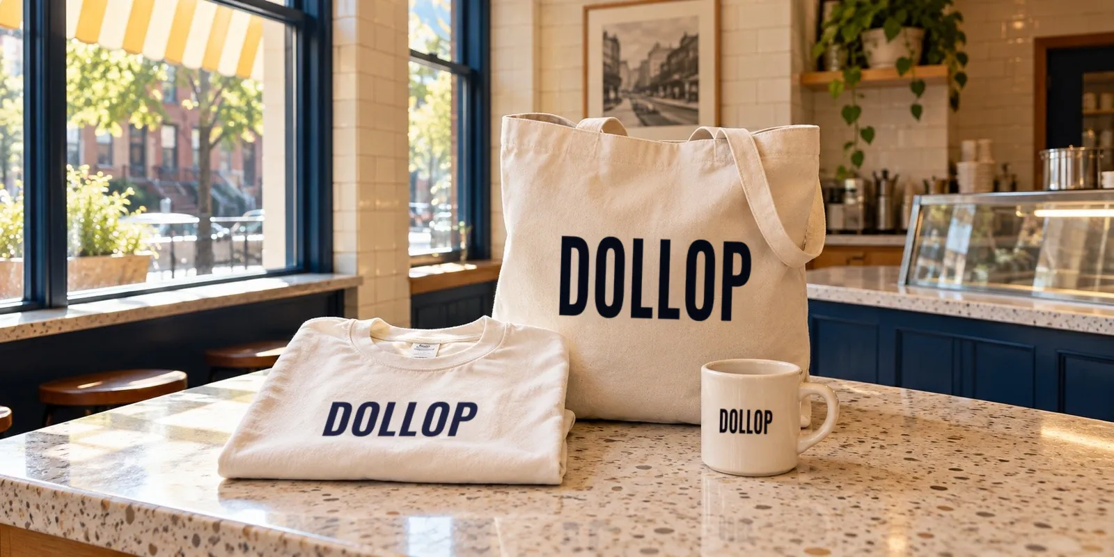 A cream Dollop canvas tote, folded T-shirt, and ceramic mug displayed on the shop counter.