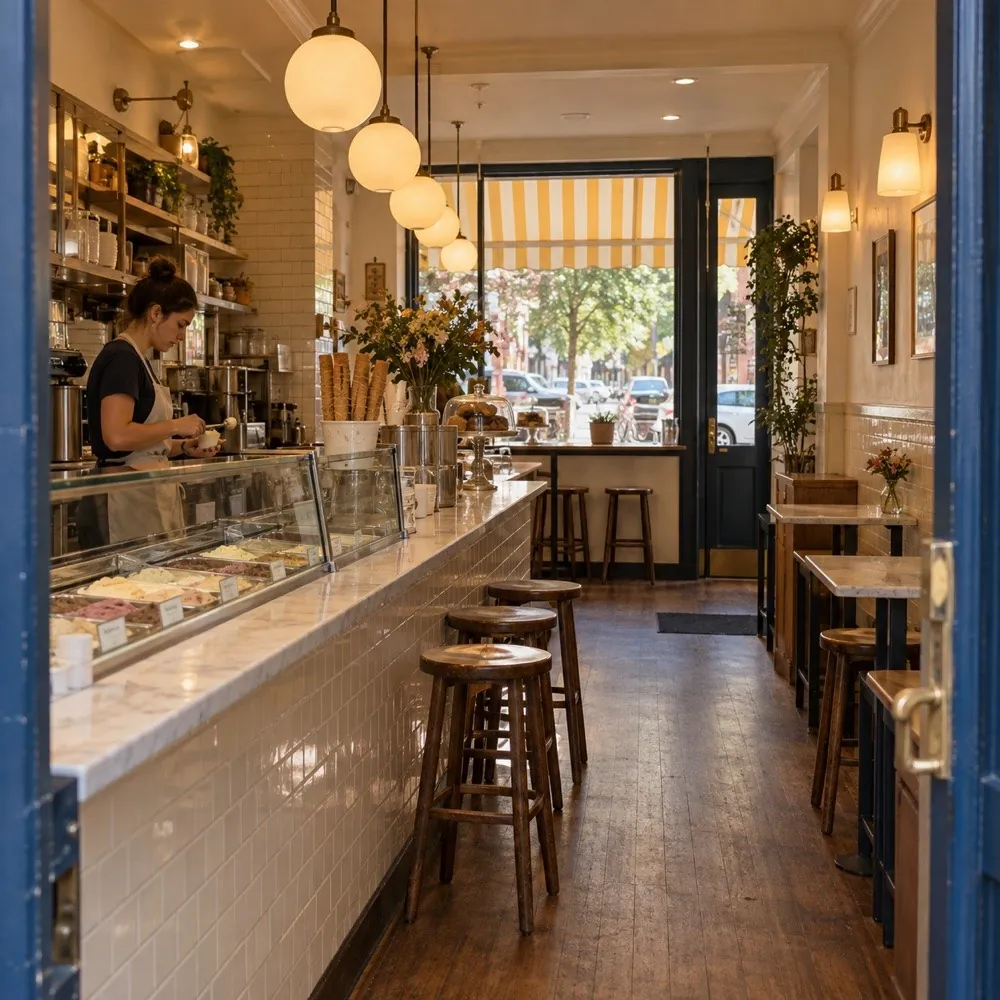 A cozy neighborhood ice cream parlor with a tiled counter and wooden stools.