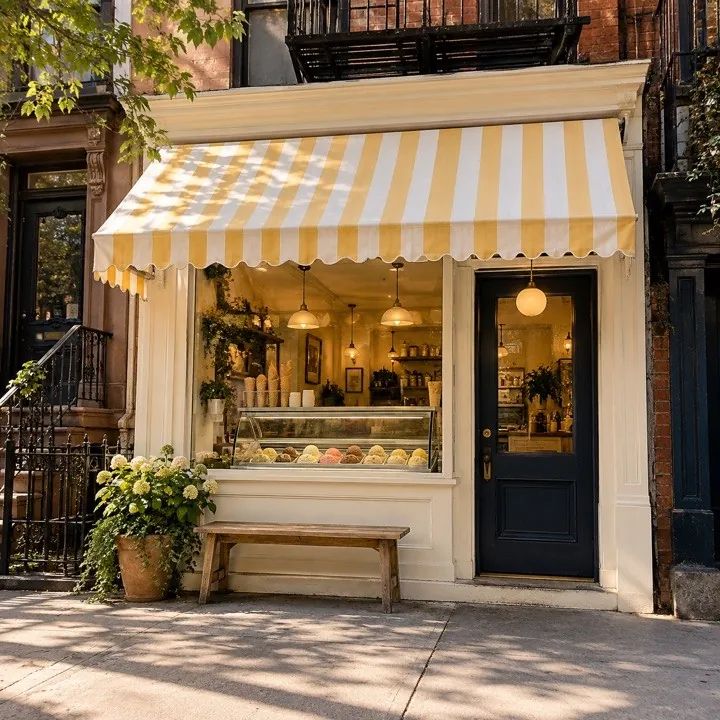 The parlor’s storefront with a striped yellow awning on a Manhattan street.