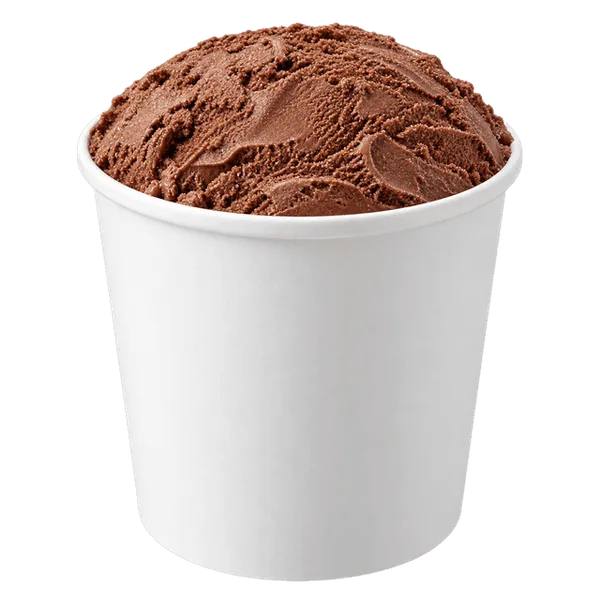 Chocolate ice cream in an open white take-home pint tub.