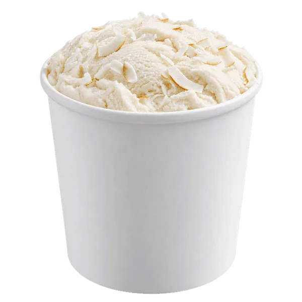 Coconut ice cream in an open white take-home pint tub.