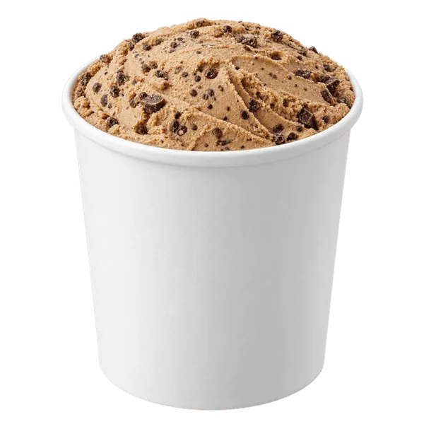 Coffee crunch ice cream in an open white take-home pint tub.