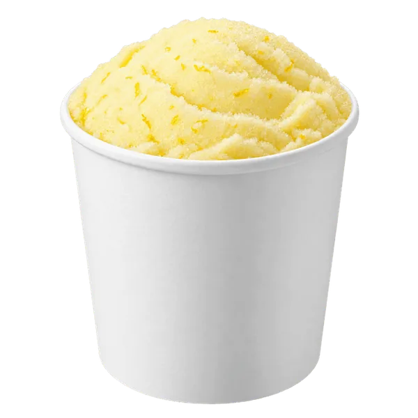 Lemon sorbet in an open white take-home pint tub.