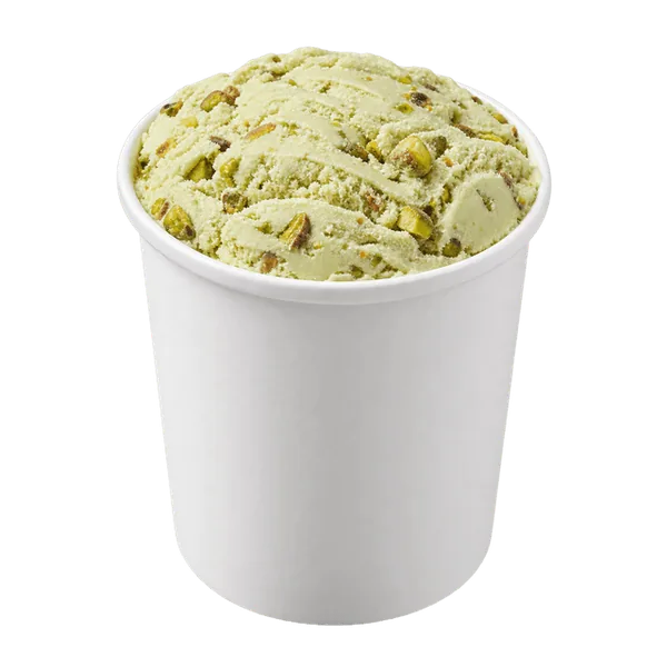 Pistachio ice cream in an open white take-home pint tub.