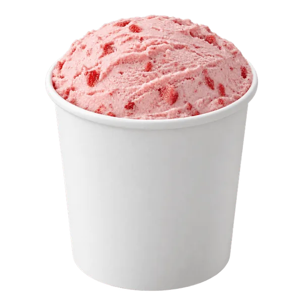Strawberry ice cream in an open white take-home pint tub.
