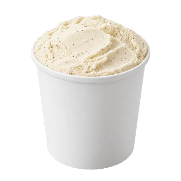 Vanilla bean ice cream in an open white take-home pint tub.