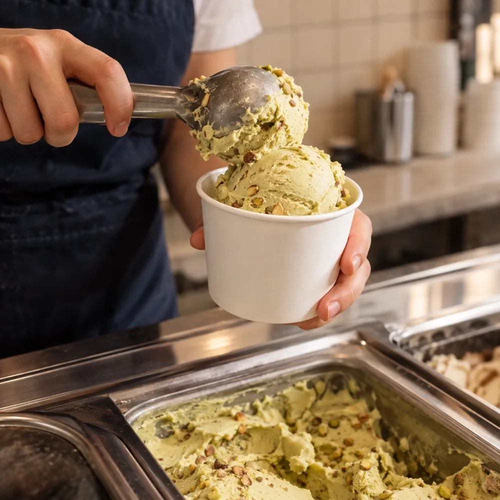 A scoop of pistachio ice cream being served into a cup at the counter.